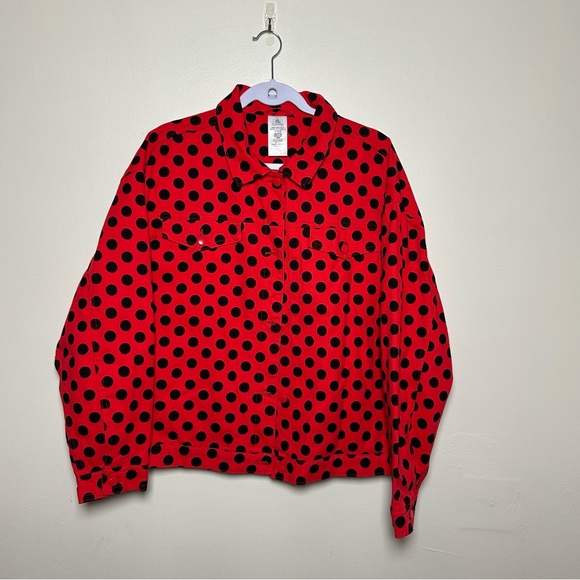 Disney Parks Jacket Red Black Minnie Mouse Polka Dot Jean Denim Sz 1X - Picture 2 of 5